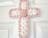 Easter Seashell Cross With Sand Dollars, Sea Urchin and All Natural Pink Shell Flowers