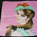 Vintage Unused 11.5" Novelty Lovely Brunette Lady in a Bowed Beret Hat Handkerchief, 7687
