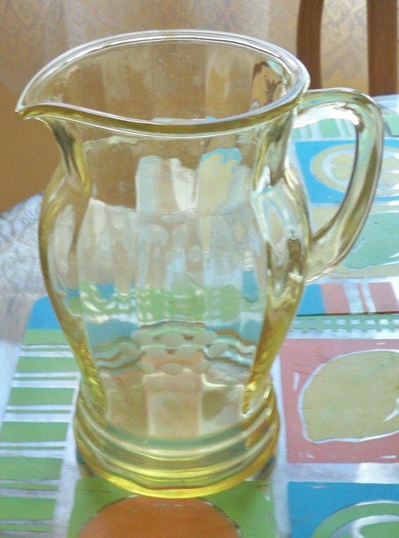 Yellow Glass Depression Glass Juice Pitcher Etched Grapes