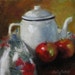 Farmhouse Still Life Painting Apples and Enamelware Pot 8x8 Canvas Painting by Cheri Wollenberg