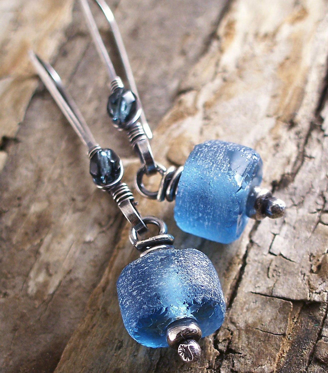 Ice Blue Earrings Sterling Silver Recycled Glass Rustic Earthy