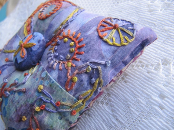 Hand Embroidered Pincushion Quilted Batik by mariadownunder