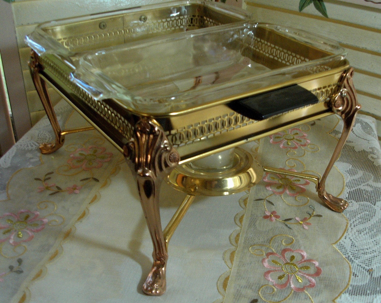 ELEGANT Vintage Double Chafing Dish Brass and Glass Buffet