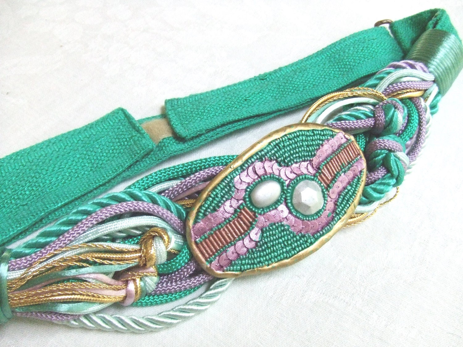 Vintage Braid Rope Belt Green and Lavender by LinensandThings