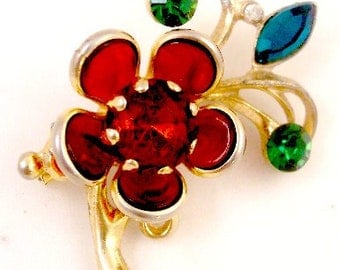 Red Crystal Vintage Flower Pin
