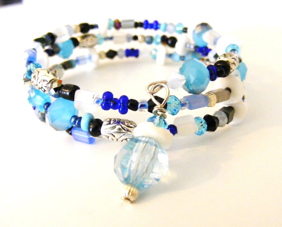 Beautiful Blue Assorted Bead Wire Wrap Bracelet by meiguidesigns