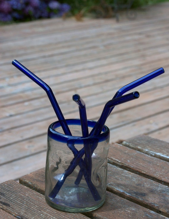 EcoGlass Straws Set of 4 Cobalt Blue Bended Reusable