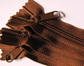 Five medium brown 9 inch YKK Handbag Purse zippers with long pull - YKK pumpernickel color 859