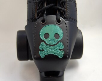 Leather Skate Toe Guards with Teal Skull and Crossbones
