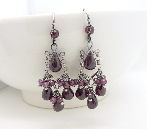 Wire wrap dark red garnet earrings sterling by CreativityJewellery