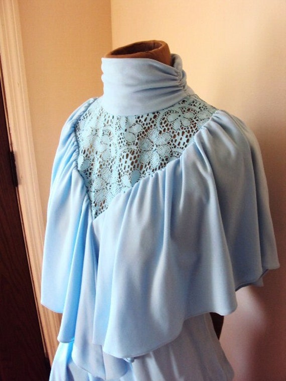 Vintage French Blue Formal Dress with Lace Long High Neck