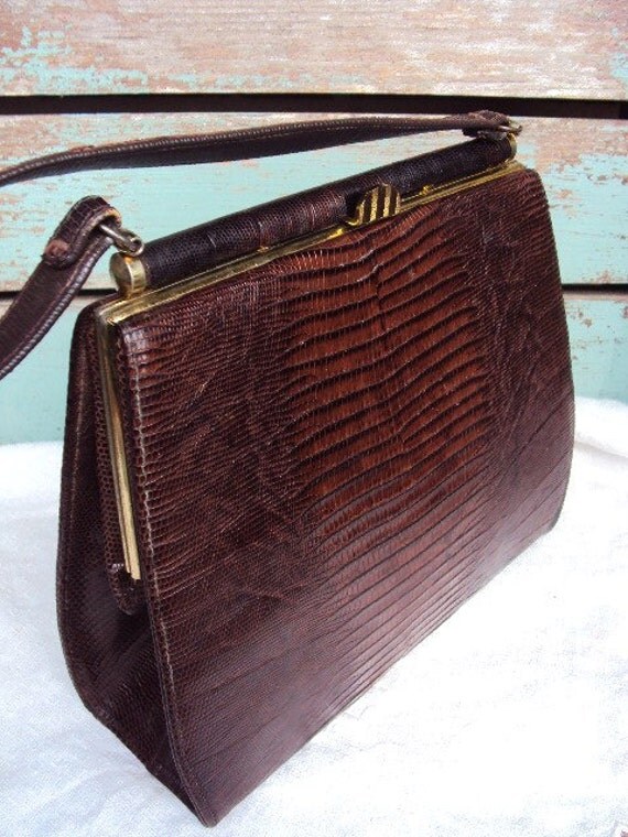 Vintage Lizard Skin Handbag Purse 1940s 1950s Brown Leather