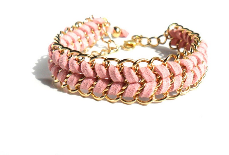 Gold Chain Bracelet Pink Chevron Leather Bracelet Pastel