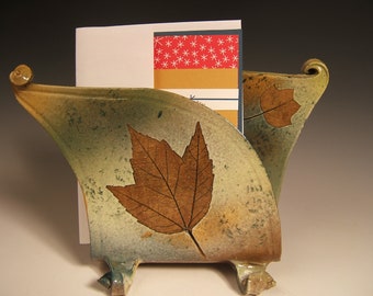 napkin holder letter holder,green leaf, stoneware with leaf impressions