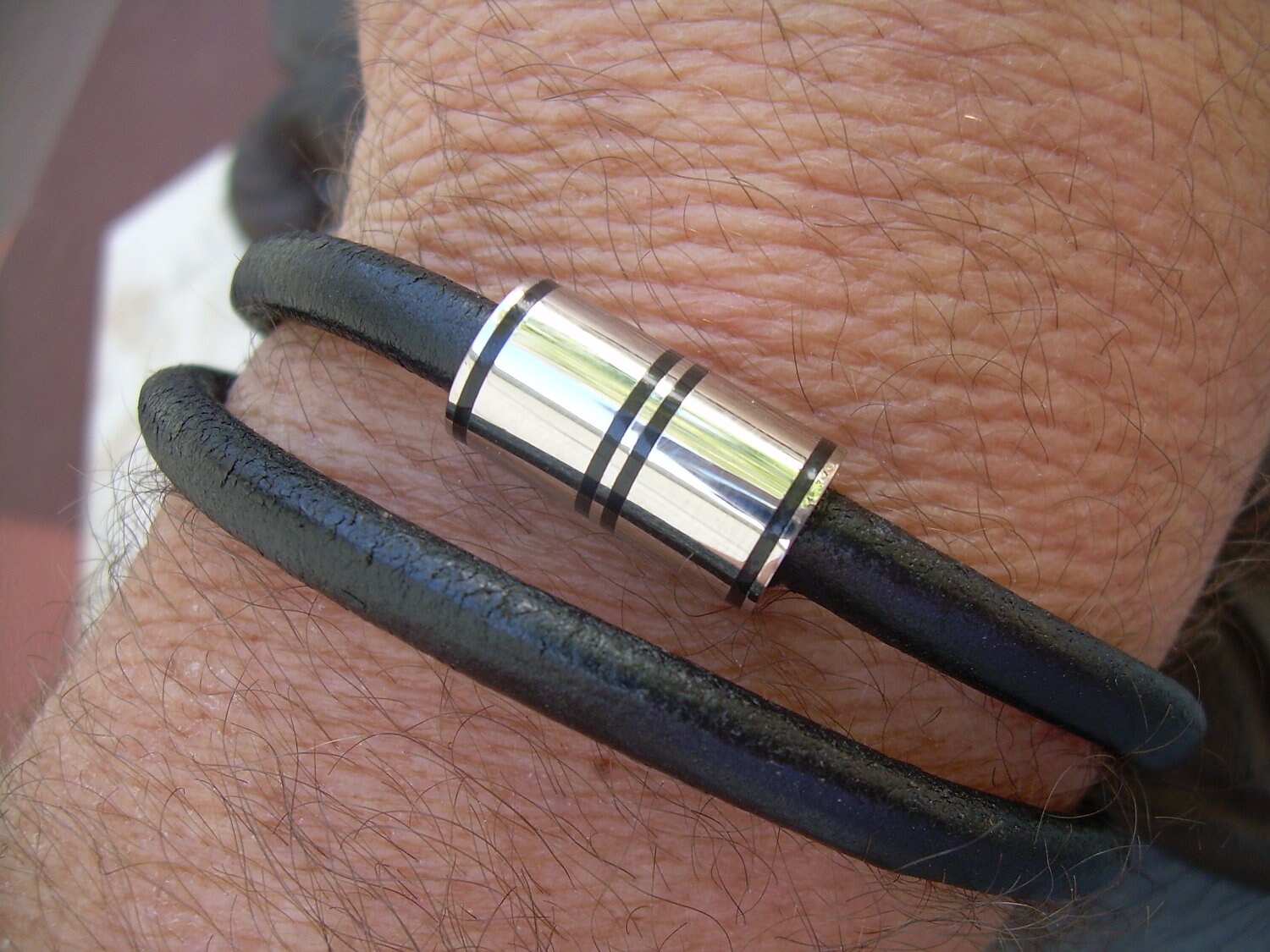 Mens Thick Leather Bracelet with Stainless Steel