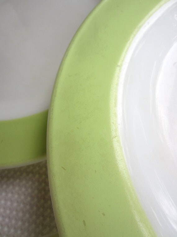 Vintage 1950s Pyrex Dinner Plates Lime Green Trim White Glass