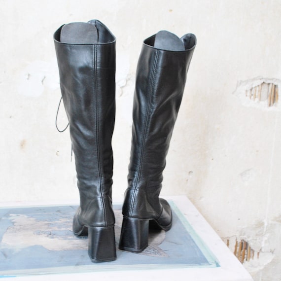 90s black leather tall LACE UP boots. knee high steampunk