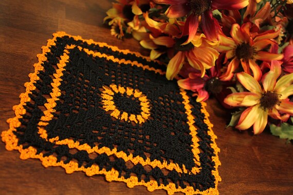 Mini orange and black square doily by DoilyMania on Etsy