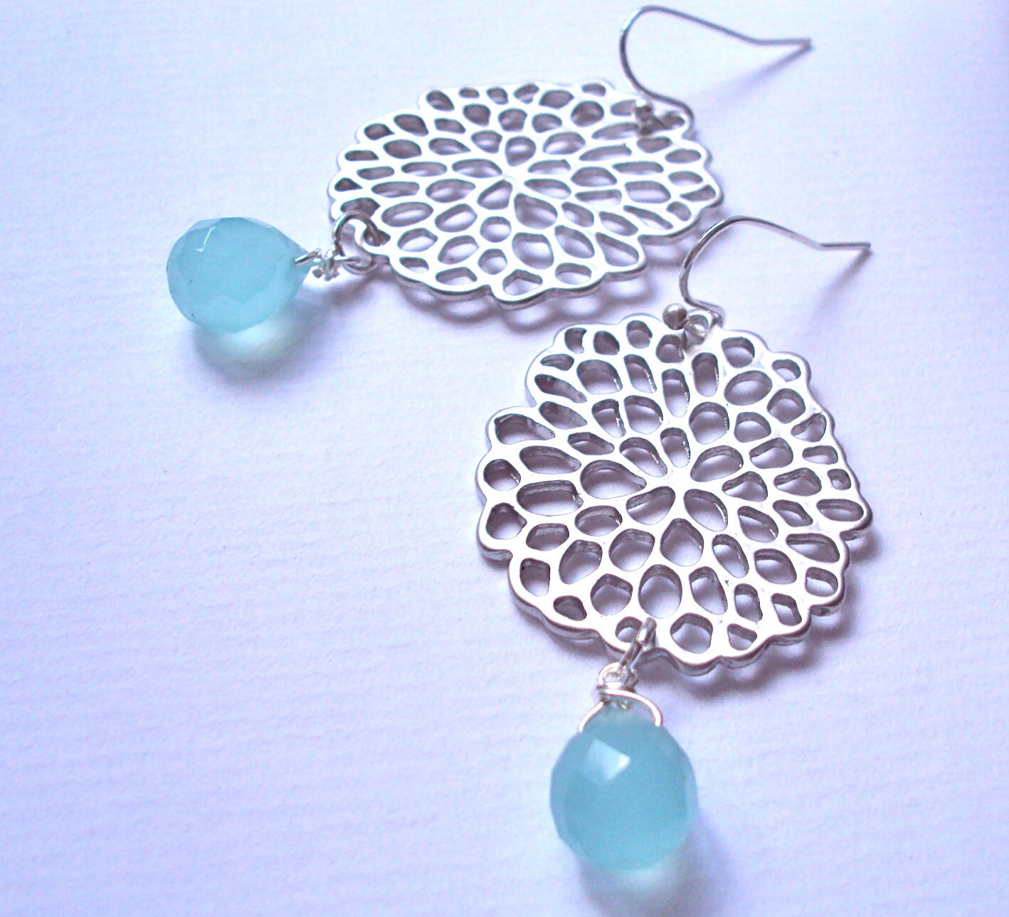 Silver Chrysanthemum earrings with aqua blue by ABoxForMyTreasure