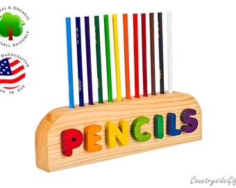Pencil Holder - Personalized Name Wooden Pencil Holder Natural & Organic Wooden 12ct Colored Pencil Holder