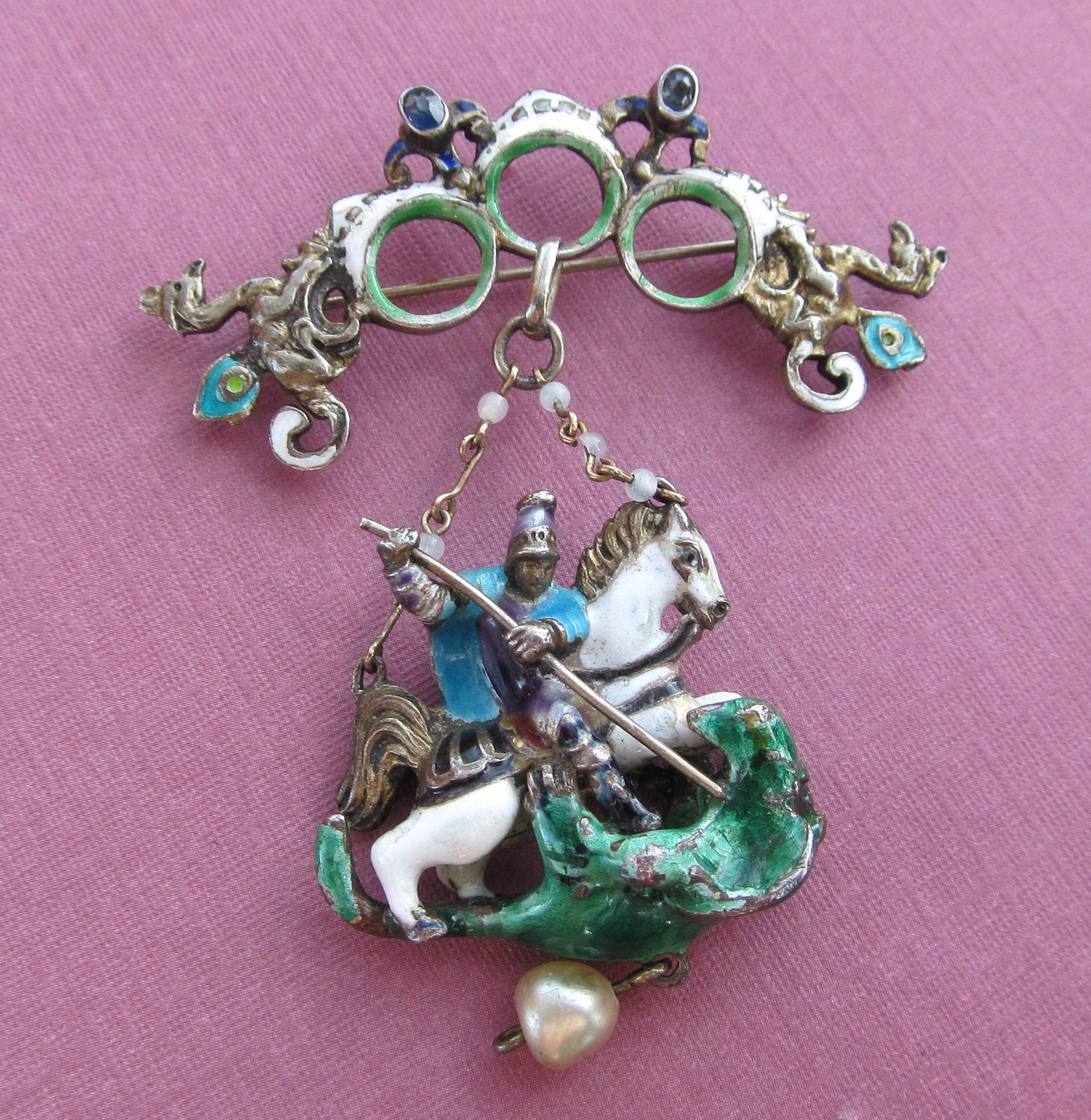 Antique Silver Enamel Brooch Saint And The Dragon Circa