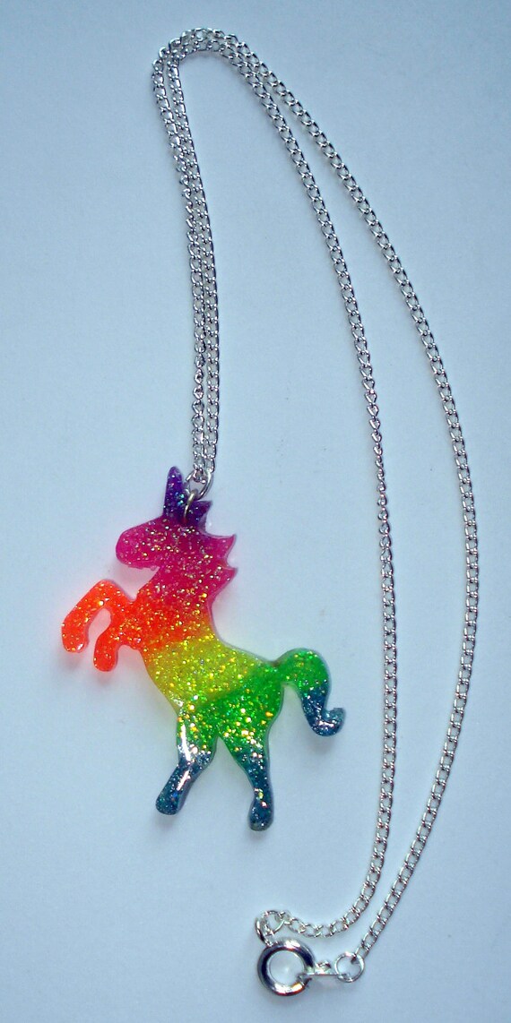 Neon rainbow UV glow glitter unicorn necklace