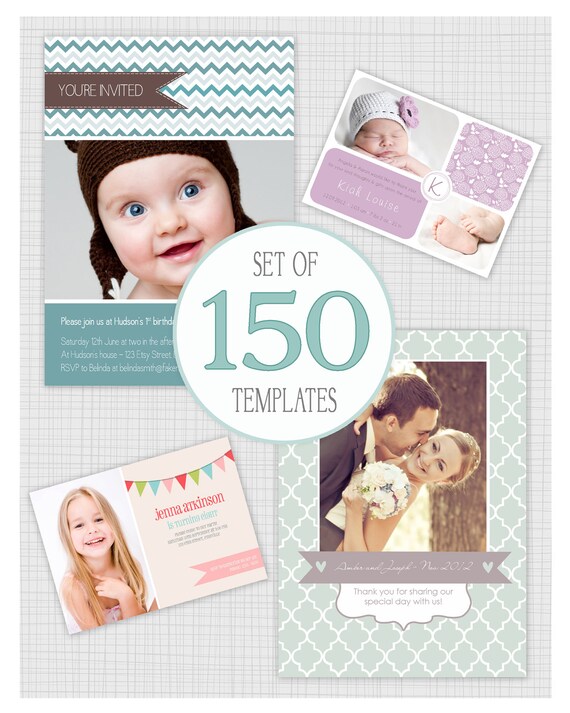 150 Photo Card Templates. Bulk Pack 5. Includes Birth Announcements, Wedding Thank you, Christmas Cards, birthday invites. Il_570xn