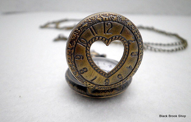 Antique Brass Heart Pocket Watch Necklace By Blackbrookshop