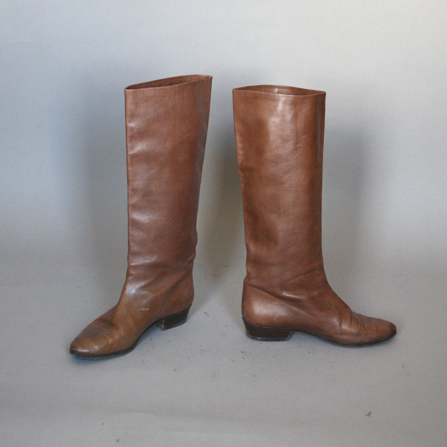 Boots Vintage Brown Leather Womens Tall Flat 80s 1980s Slouchy 