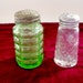 Anchor Hocking Vintage Salt Shakers Green and Clear Chippy Lids Shabby Cottage Chic