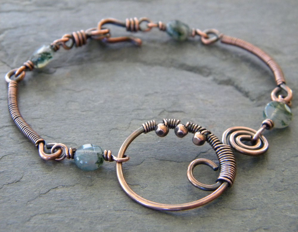 Moss Agate Copper Wire Wrapped Bracelet Green Swirl Connector