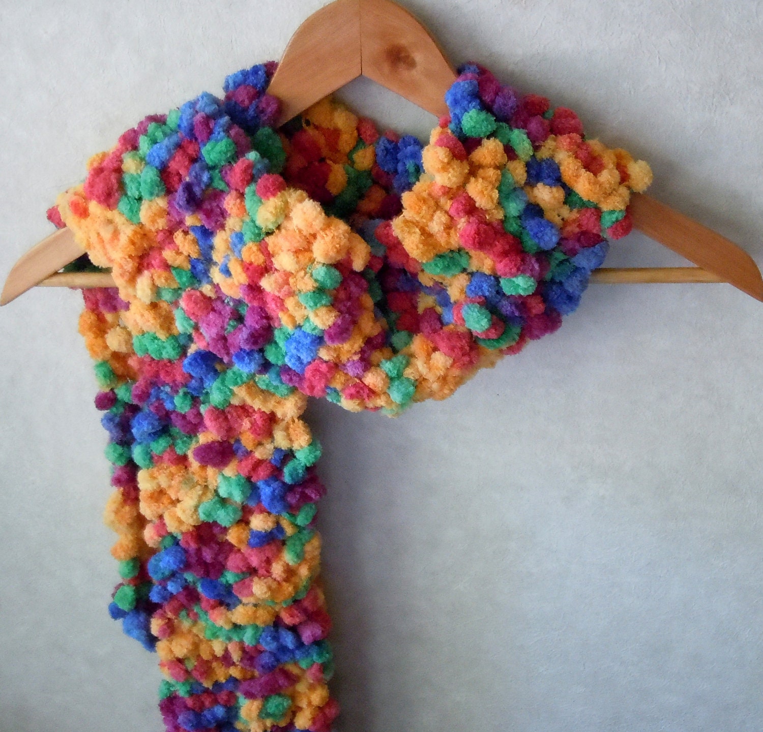 Hand Knit Rainbow Scarf in Super Soft Pom Pom Yarn Warm