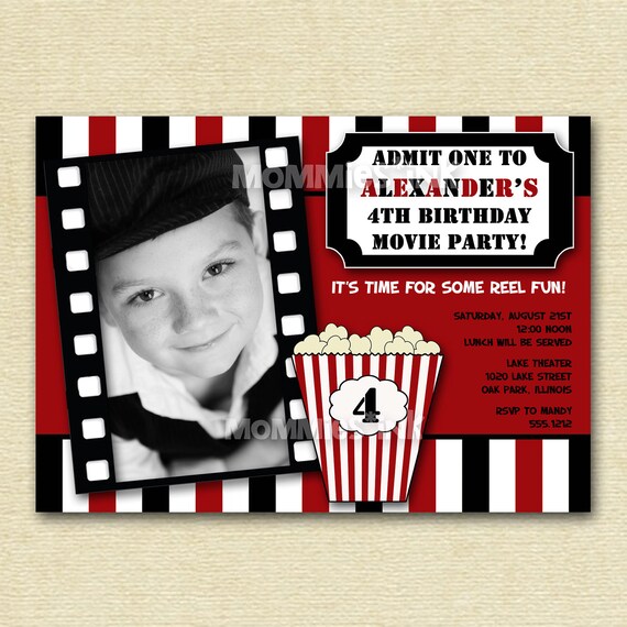 Movie Night Birthday Party Invitation - With photo or without photo - PRINTABLE INVITATION DESIGN Il_570xn