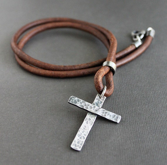 Mens Cross Leather Necklace Rustic Sterling Silver Light Brown