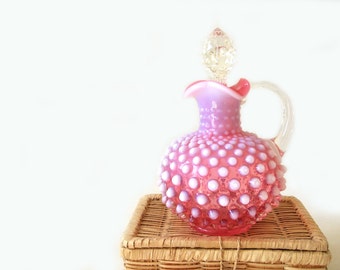 Vintage Fenton Cranberry Opalescent Hobnail Glass Cruet or Small Pitcher