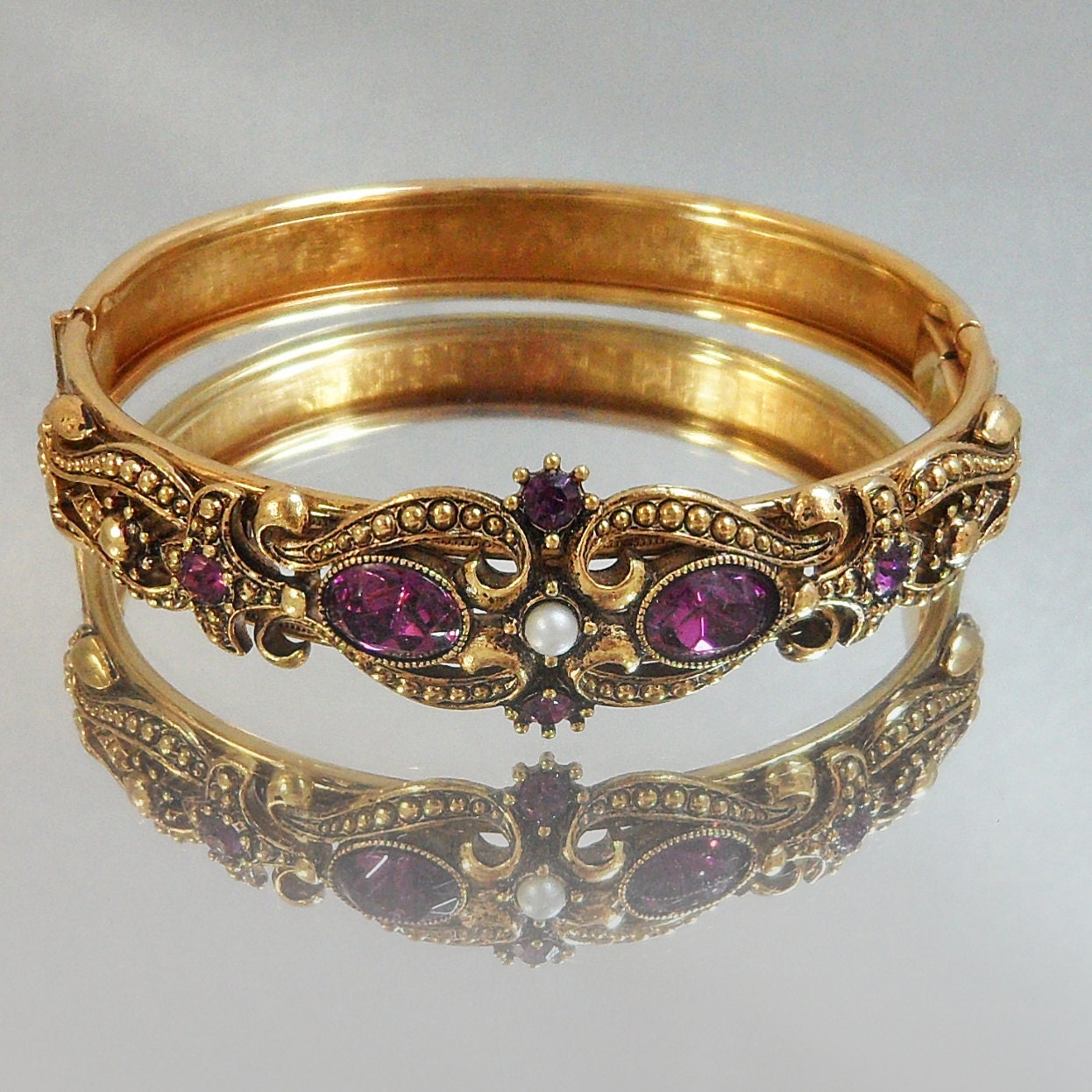 Vintage Victorian Revival Bracelet. Gold Tone. Amethyst