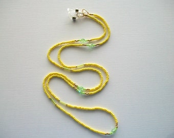 Eyeglass Necklace Beaded Lanyard with Light Olive Seed Beads and Light Green Bicone Crystals