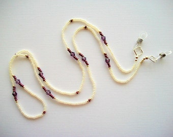 Eyeglass Holder Beaded Lanyard with Pearl Off White Seed Beads and Amethyst Swarovski Crystals