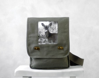 Oh, Deer - Messenger Bag - Woodland - Field Bag - School Bag - Khaki Green - Canvas Bag
