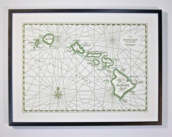 Hawaiian Islands, Letterpress printed Map (Olive Green)