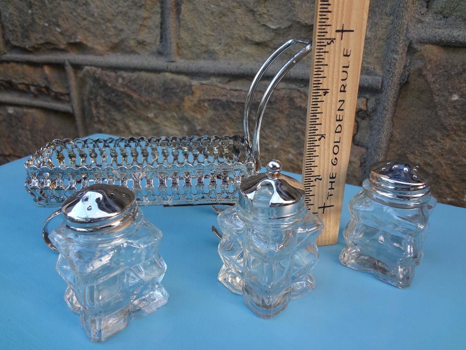 Vintage Crystal Salt, Pepper and Condiment Set with Caddy Haute Juice