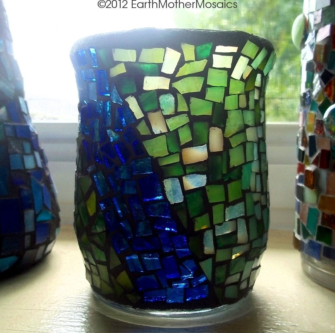 Mosaic Stained Glass Candle Holder Small Vase Green and
