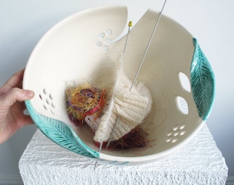 Yarn bowl JUMBO Extra Large Knitting Ceramic Yarn Holder Crochet Organizer White with green twisted leaves MADE to ORDER