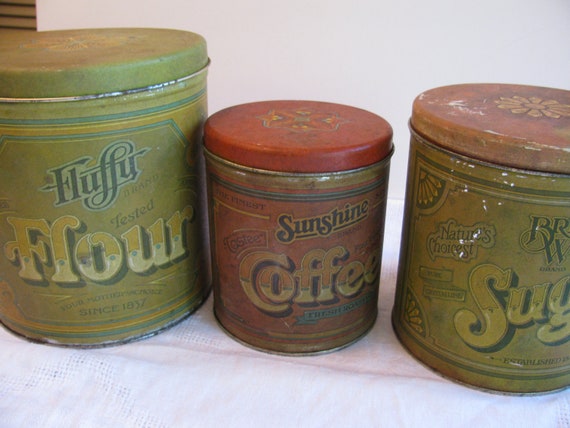 Vintage 3 Tin Kitchen Canister Set Fluffy Flour Advertising