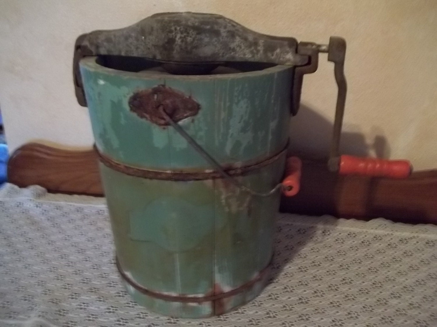 Old Ice Cream Maker Wooden Bucket Complete Farmouse