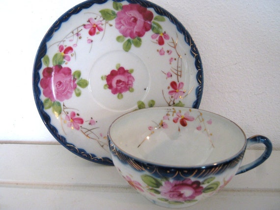 china and gold saucer, trim cup saucers vintage and china, roses,  indigo cups Vintage blue, delicate