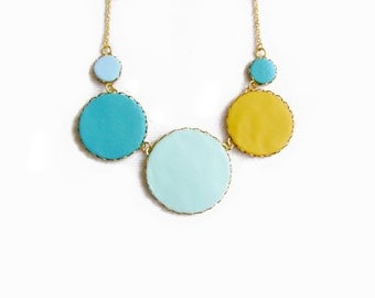 Pastel Bubbles Statement Necklace in Teal Blue Mint Yellow, Polymer Clay Statement Necklace, Color Dot Collection
