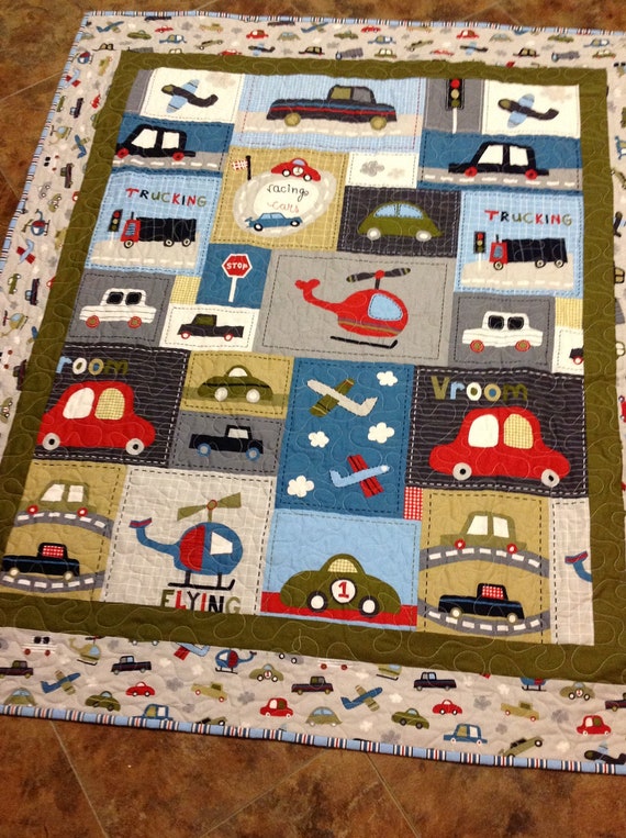 Baby boy crib quilt Vroom 4cars trucks blue grey green