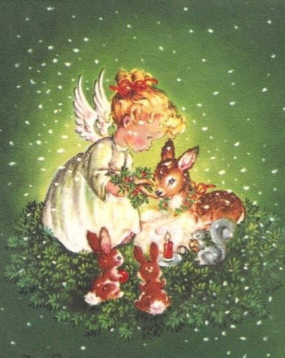 Angel Baby Animals Snowfall Vintage Christmas Card by PaperPrizes