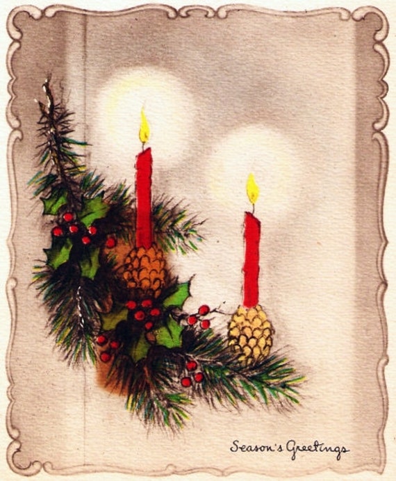 Items similar to Vintage Christmas Card Candles Pine Branches Holly on Etsy